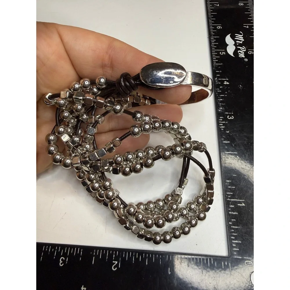 Silver Tone Multi Strand Beaded Leather Wrap Bracelet with Hook Clasp